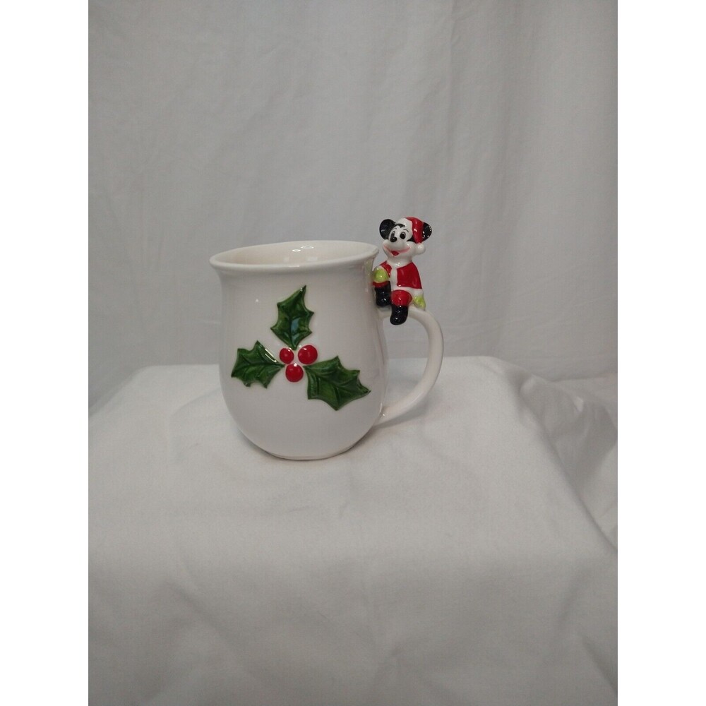 Vintage CHRISTMAS Mug Mickey Mouse on Handle W/Holly Ceramic Walt Disney Coffee